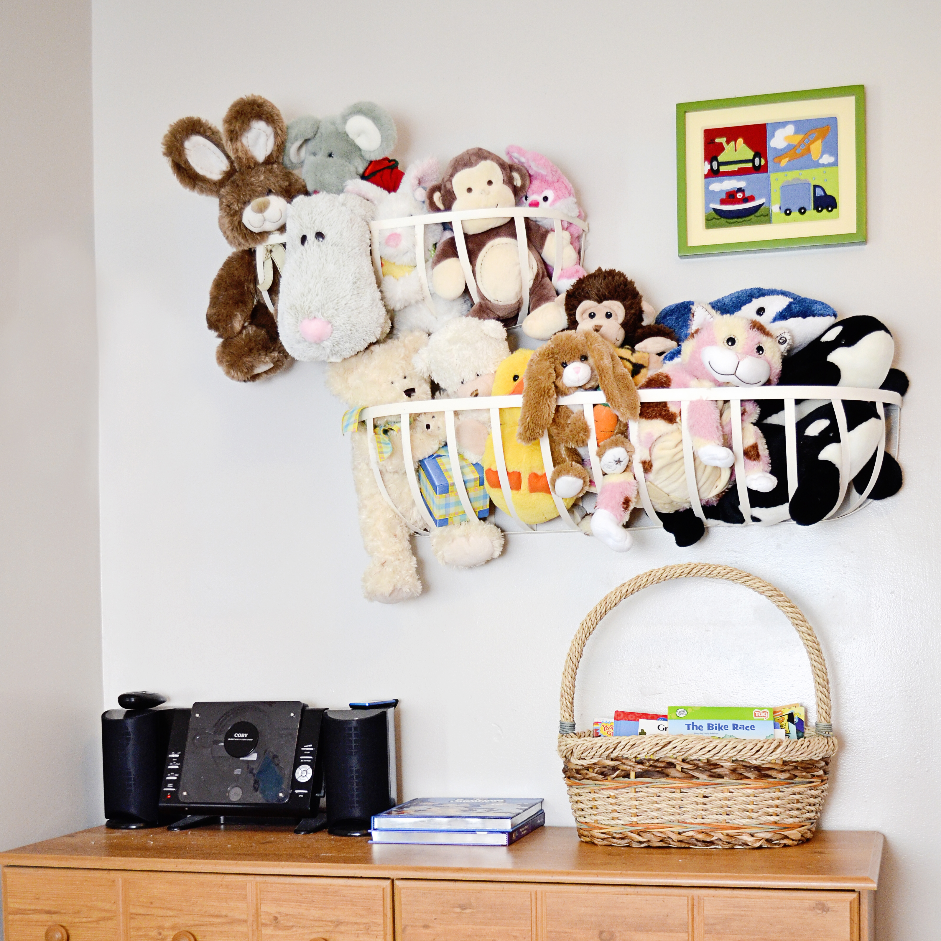 Have too many stuffed animals? Hang baskets from ceiling for a