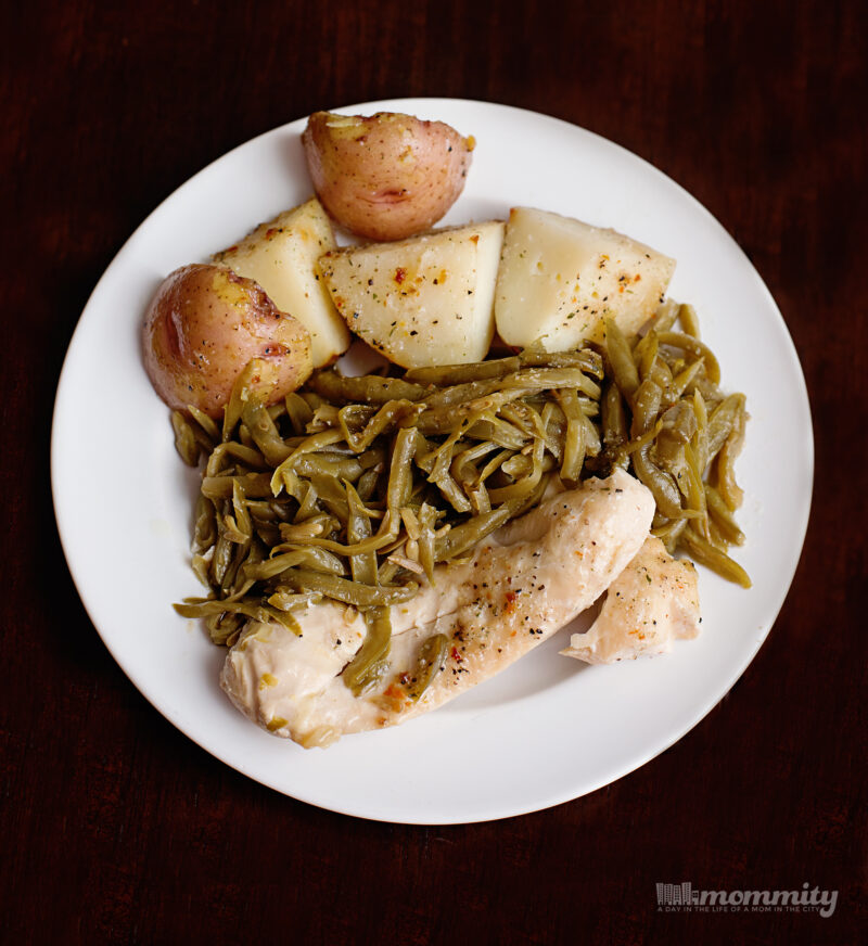 Baked green bean chicken potato casserole with golden potatoes and tender green beans