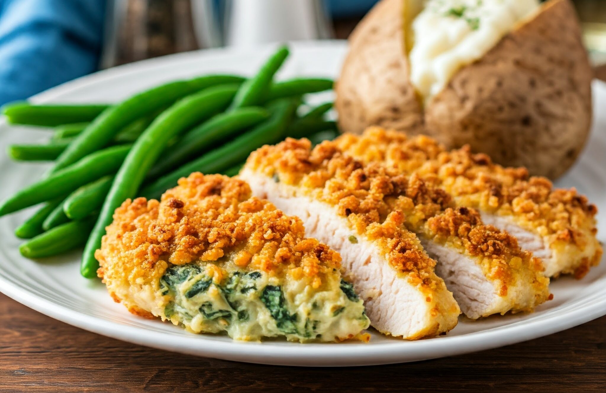 Baked gluten-free spinach artichoke chicken casserole topped with golden crunchy flakes